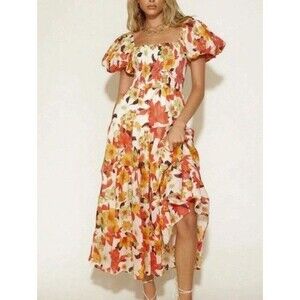 Garage Midi Dress Floral Smocked Puff Sleeve Square Neck Garden Party Large